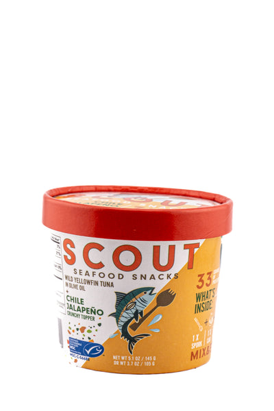 Scout Seafood Snacks Wild Yellowfin Tuna in Olive Oil With Chile Jalapeno Crunchy Topper
