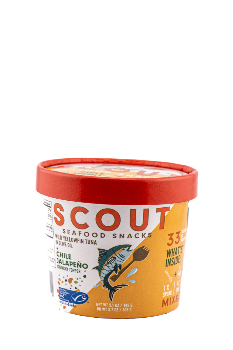 Scout Seafood Snacks Wild Yellowfin Tuna in Olive Oil With Chile Jalapeno Crunchy Topper