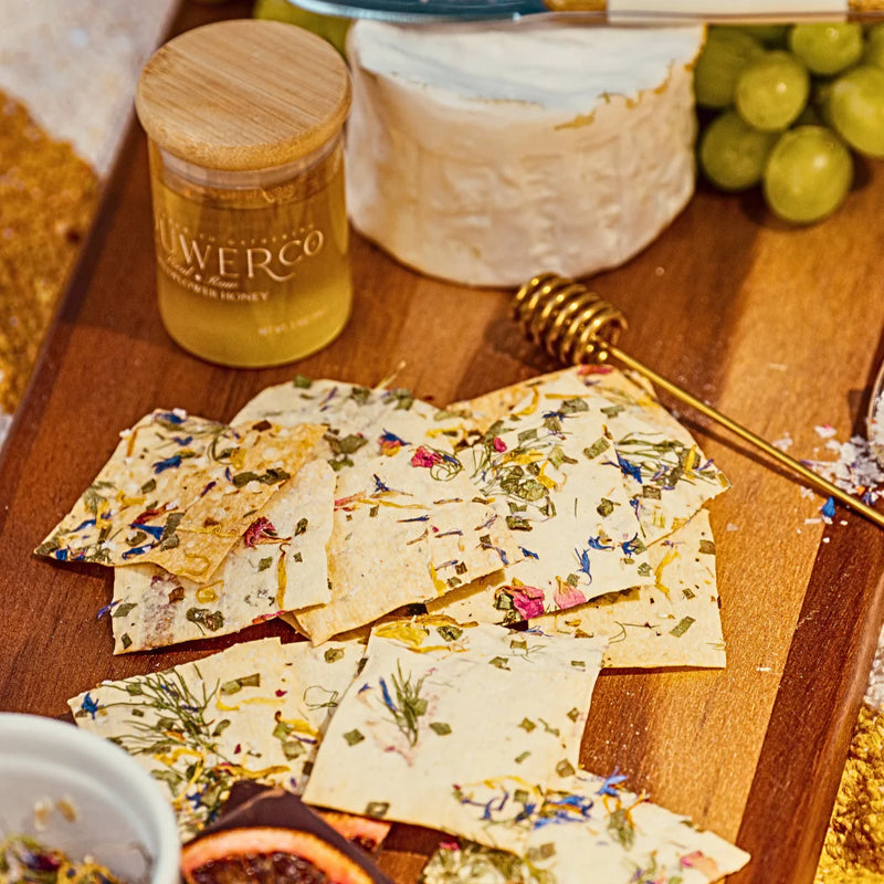 Flouwer Co. Artisinal Crackers No. 1 with Edible Flowers Woody Rosemary Fresh Dill and Chive